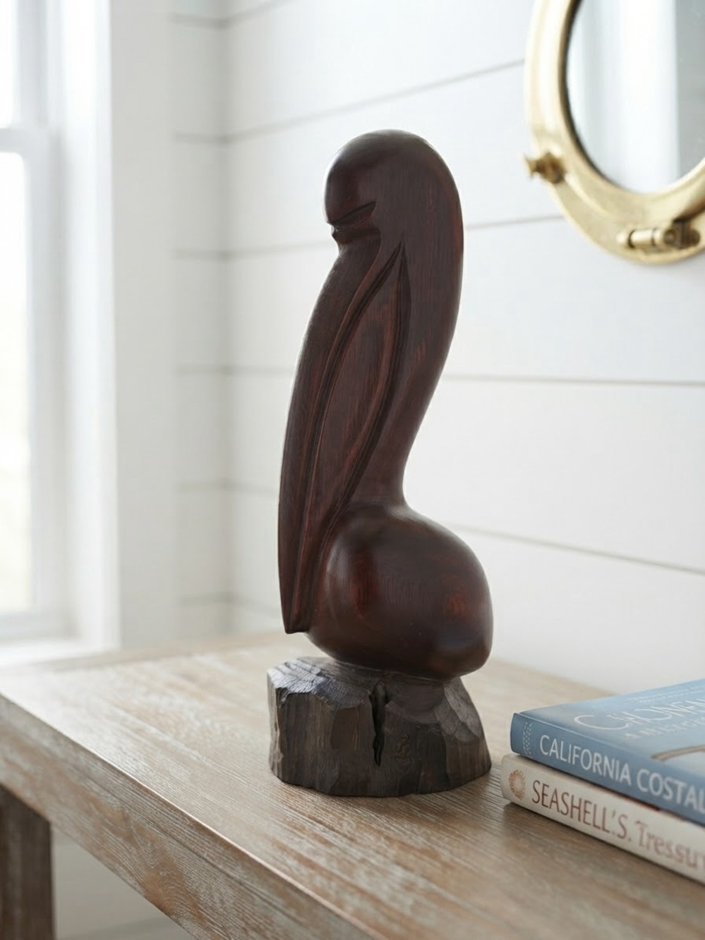 Vintage Hand-Carved Redwood Pelican Sculpture – Coastal Folk Art
